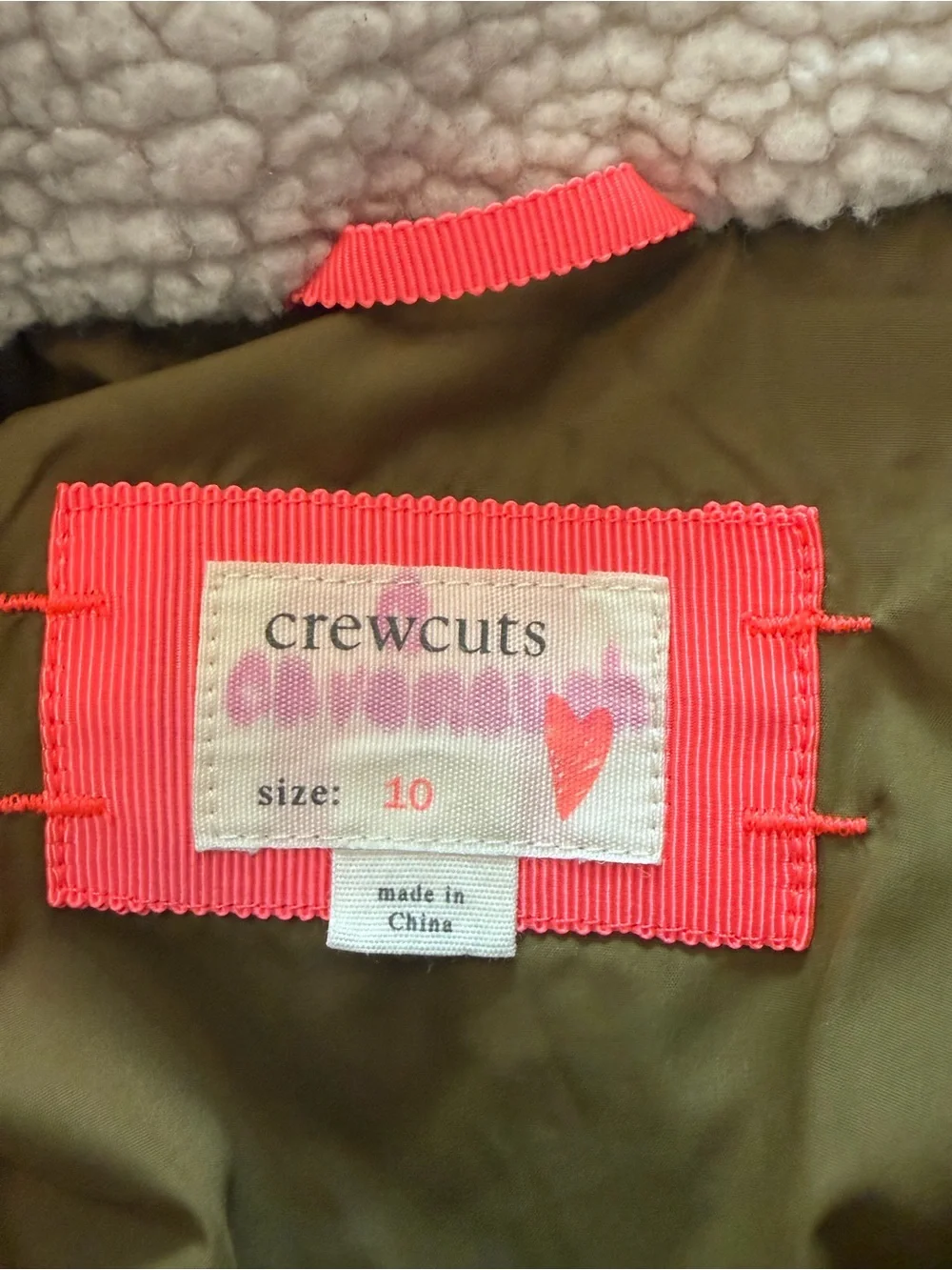Crewcuts cream sherpa vest with olive body and neon pink trim
